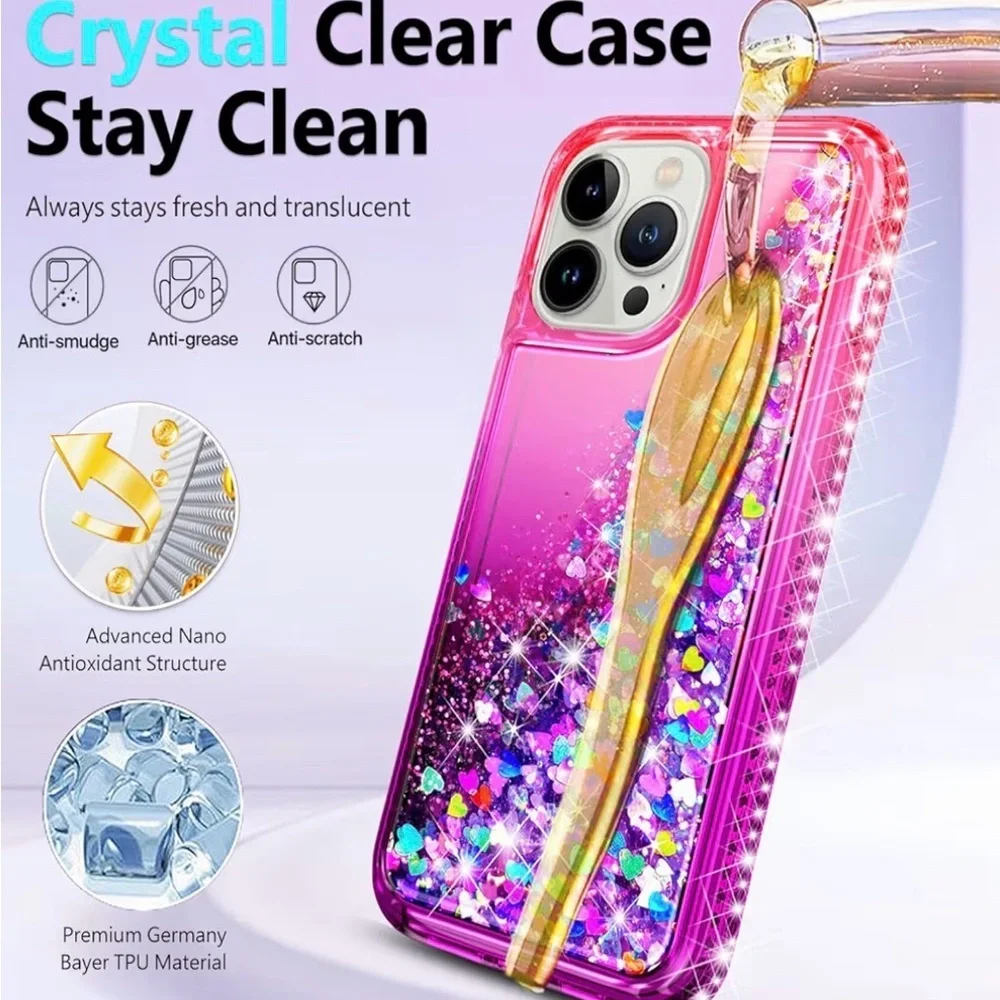 🅽🅴🆆 iPhone 14 Pro case with grip & wrist strap - pink/purple glitter